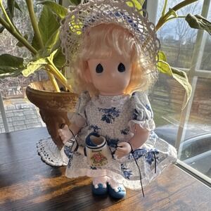 Vintage 1995 Precious Moments Blossom August Birthday Doll 12"Blue Floral Dress